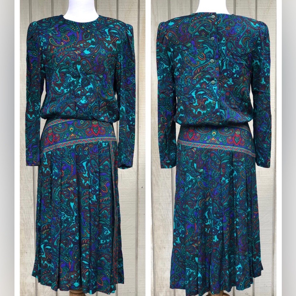 Vintage V.L.P Petites Paisley Floral Pleated Blouson Teal Midi Dress size 8